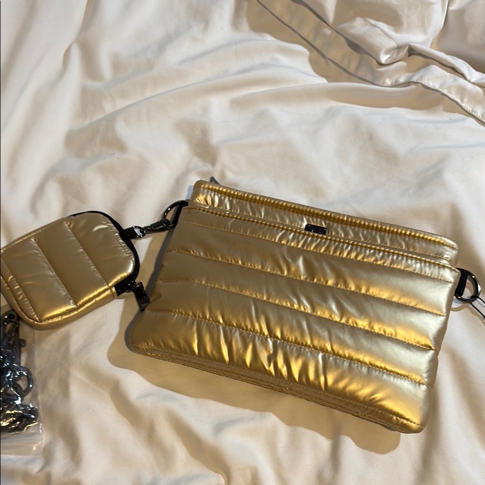 Gold Quilted Crossbody Bag with Pouch